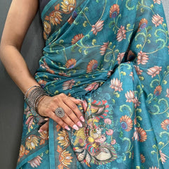Redolent Rama Kalamkari Printed Saree With Denouement Blouse Piece