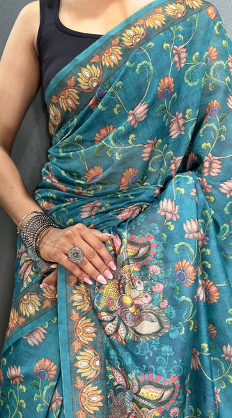 Redolent Rama Kalamkari Printed Saree With Denouement Blouse Piece