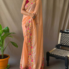 Quintessential Peach Sequence Work Georgette Saree With Forbearance Blouse Piece