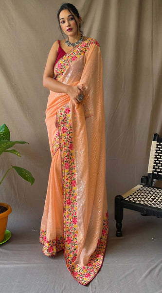 Quintessential Peach Sequence Work Georgette Saree With Forbearance Blouse Piece