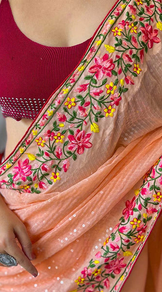 Quintessential Peach Sequence Work Georgette Saree With Forbearance Blouse Piece