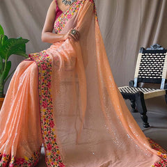 Quintessential Peach Sequence Work Georgette Saree With Forbearance Blouse Piece