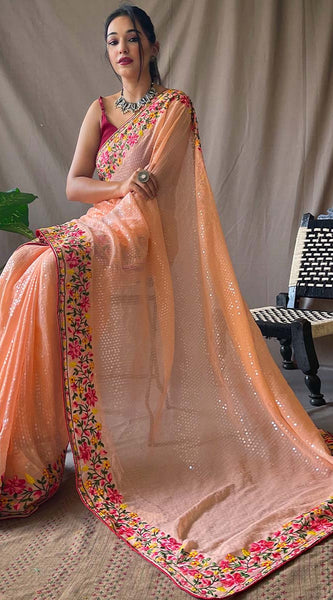 Quintessential Peach Sequence Work Georgette Saree With Forbearance Blouse Piece