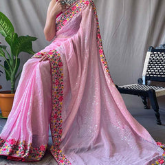 Dissemble Pink Sequence Work Georgette Saree With Enticing Blouse Piece