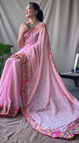 Dissemble Pink Sequence Work Georgette Saree With Enticing Blouse Piece