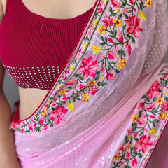 Dissemble Pink Sequence Work Georgette Saree With Enticing Blouse Piece