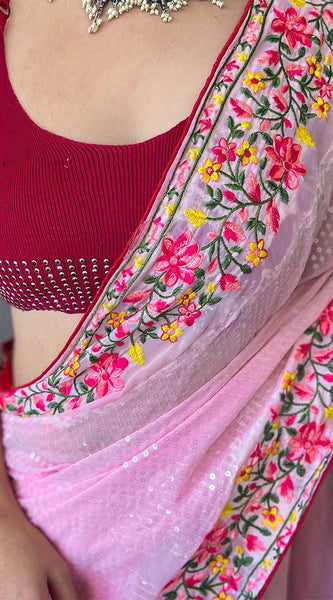 Dissemble Pink Sequence Work Georgette Saree With Enticing Blouse Piece