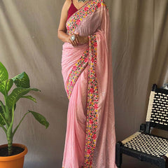 Dissemble Pink Sequence Work Georgette Saree With Enticing Blouse Piece