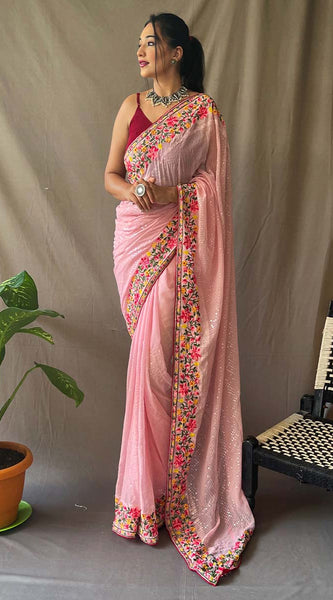 Dissemble Pink Sequence Work Georgette Saree With Enticing Blouse Piece