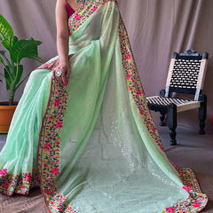 Murmurous Pista Sequence Work Georgette Saree With Dalliance Blouse Piece