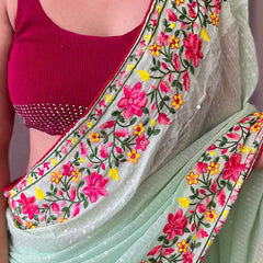 Murmurous Pista Sequence Work Georgette Saree With Dalliance Blouse Piece