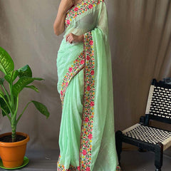 Murmurous Pista Sequence Work Georgette Saree With Dalliance Blouse Piece