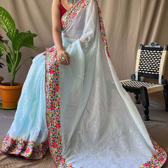 Traditional Sky Sequence Work Georgette Saree With Desirable Blouse Piece