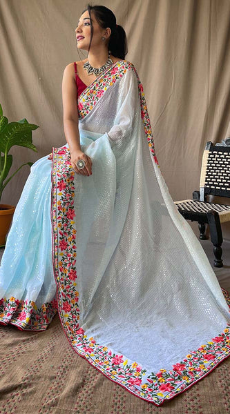 Traditional Sky Sequence Work Georgette Saree With Desirable Blouse Piece