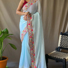 Traditional Sky Sequence Work Georgette Saree With Desirable Blouse Piece