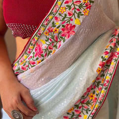 Traditional Sky Sequence Work Georgette Saree With Desirable Blouse Piece