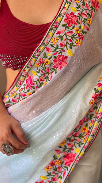 Traditional Sky Sequence Work Georgette Saree With Desirable Blouse Piece