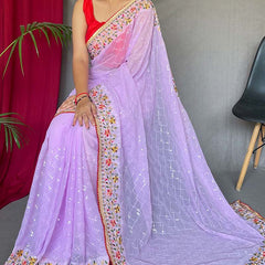 Breathtaking Lavender Sequence Work Georgette Saree With Ailurophile Blouse Piece