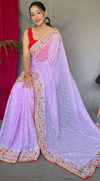 Breathtaking Lavender Sequence Work Georgette Saree With Ailurophile Blouse Piece