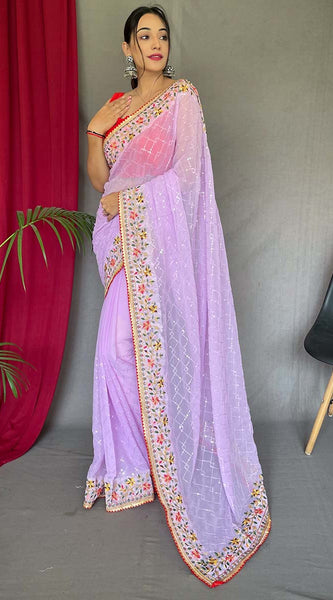 Breathtaking Lavender Sequence Work Georgette Saree With Ailurophile Blouse Piece