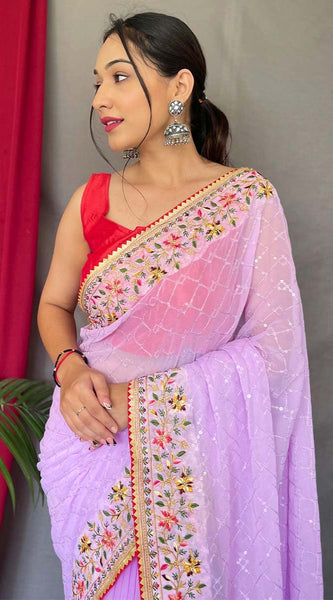 Breathtaking Lavender Sequence Work Georgette Saree With Ailurophile Blouse Piece