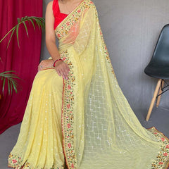 Glowing Yellow Sequence Work Georgette Saree With Prominent Blouse Piece