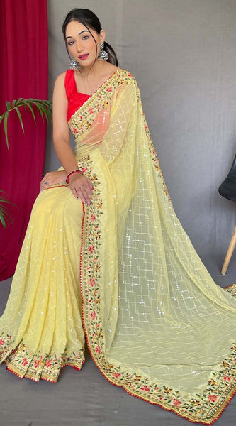 Glowing Yellow Sequence Work Georgette Saree With Prominent Blouse Piece