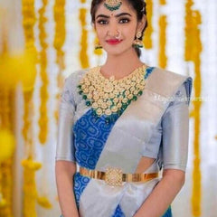Golden Zari Woven Lichi Silk Saree for Grand Occasions Blue