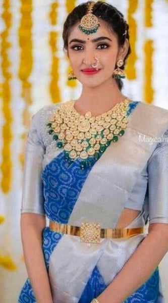 Golden Zari Woven Lichi Silk Saree for Grand Occasions Blue