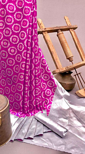 Golden Zari Woven Lichi Silk Saree for Grand Occasions Pink