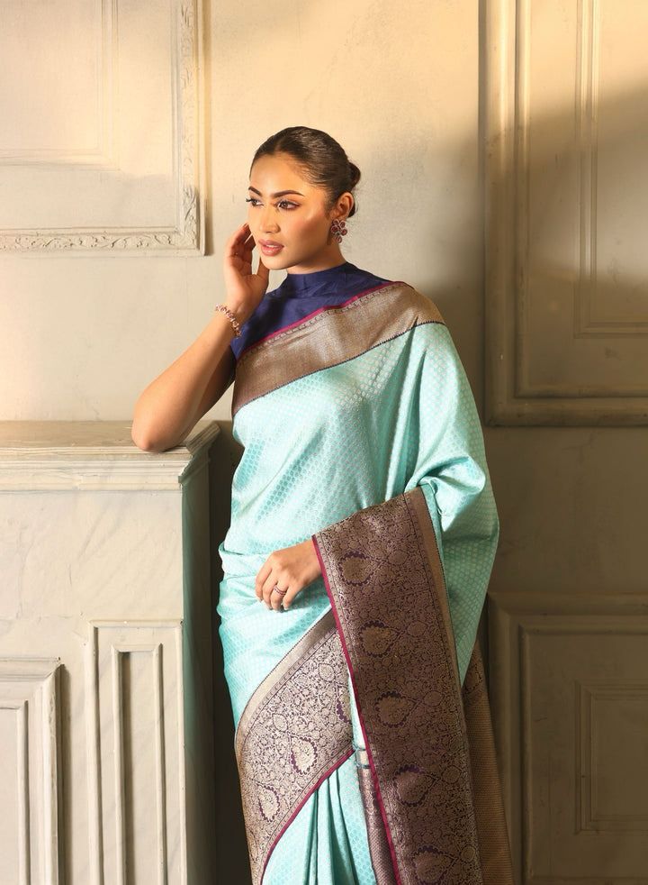Tremendous Sky Soft Banarasi Silk Saree With Incomparable Blouse Piece