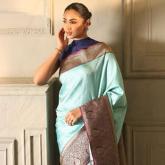 Tremendous Sky Soft Banarasi Silk Saree With Incomparable Blouse Piece