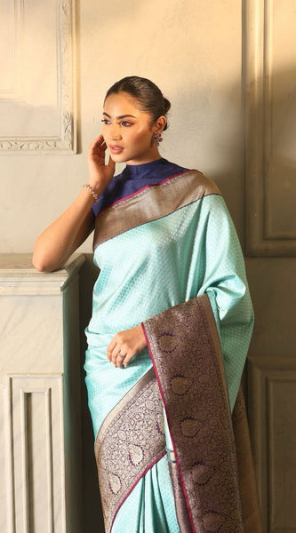 Tremendous Sky Soft Banarasi Silk Saree With Incomparable Blouse Piece