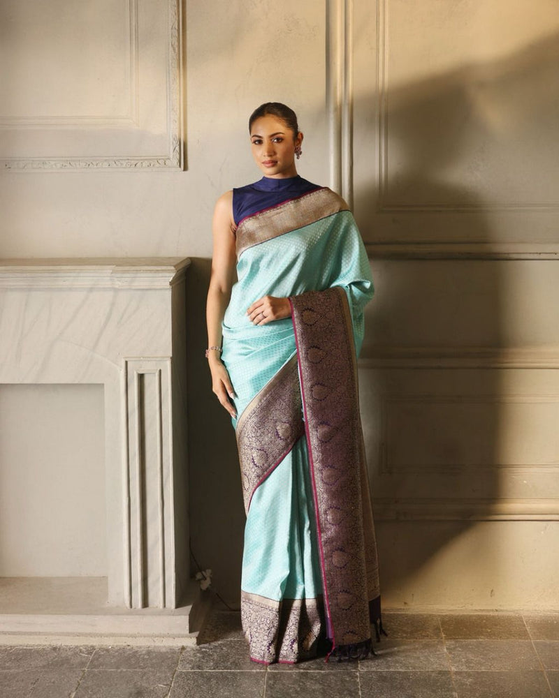 Tremendous Sky Soft Banarasi Silk Saree With Incomparable Blouse Piece