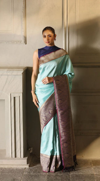 Tremendous Sky Soft Banarasi Silk Saree With Incomparable Blouse Piece