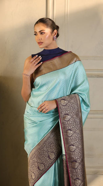 Tremendous Sky Soft Banarasi Silk Saree With Incomparable Blouse Piece