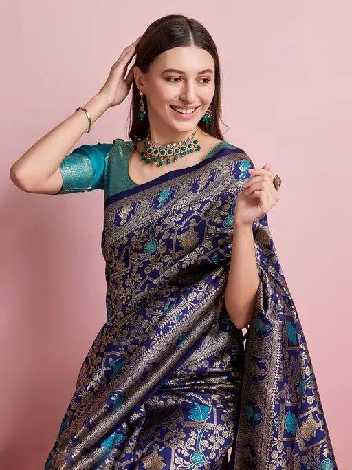 Midnight Majesty: Designer Kanjivaram Silk Saree in Navy Blue & Teal Green