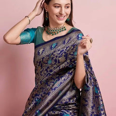 Midnight Majesty: Designer Kanjivaram Silk Saree in Navy Blue & Teal Green