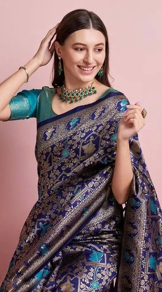 Midnight Majesty: Designer Kanjivaram Silk Saree in Navy Blue & Teal Green