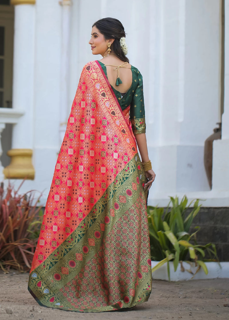 Royal Radiance: Designer Kanjivaram Silk Saree in Gajari Pink & Bottle Green