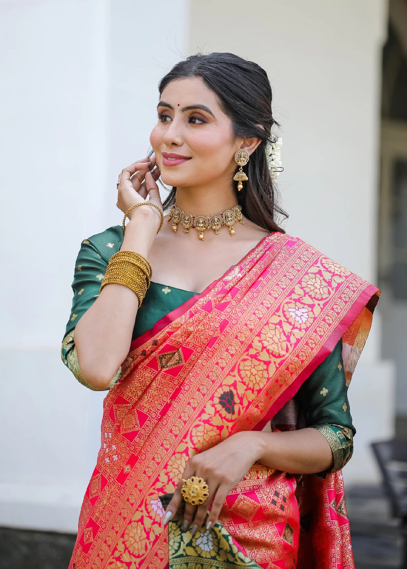 Royal Radiance: Designer Kanjivaram Silk Saree in Gajari Pink & Bottle Green