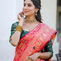 Royal Radiance: Designer Kanjivaram Silk Saree in Gajari Pink & Bottle Green