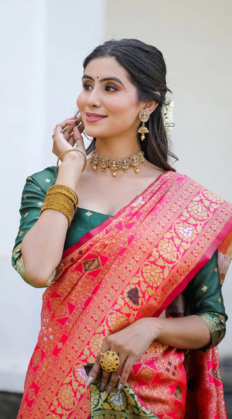 Royal Radiance: Designer Kanjivaram Silk Saree in Gajari Pink & Bottle Green
