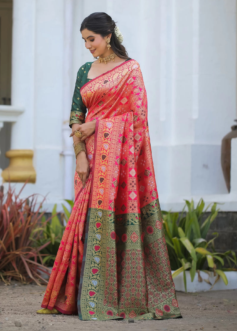 Royal Radiance: Designer Kanjivaram Silk Saree in Gajari Pink & Bottle Green