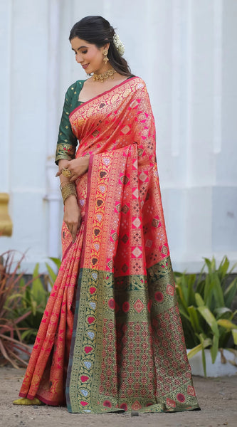 Royal Radiance: Designer Kanjivaram Silk Saree in Gajari Pink & Bottle Green
