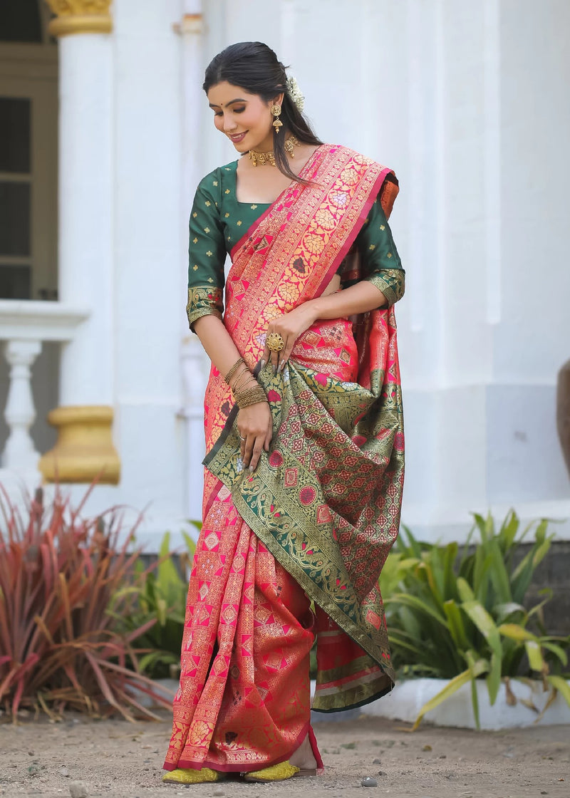 Royal Radiance: Designer Kanjivaram Silk Saree in Gajari Pink & Bottle Green