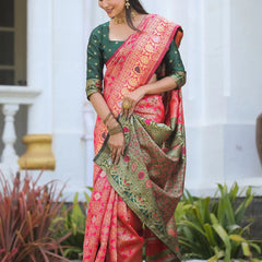 Royal Radiance: Designer Kanjivaram Silk Saree in Gajari Pink & Bottle Green