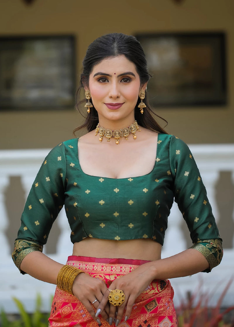 Royal Radiance: Designer Kanjivaram Silk Saree in Gajari Pink & Bottle Green