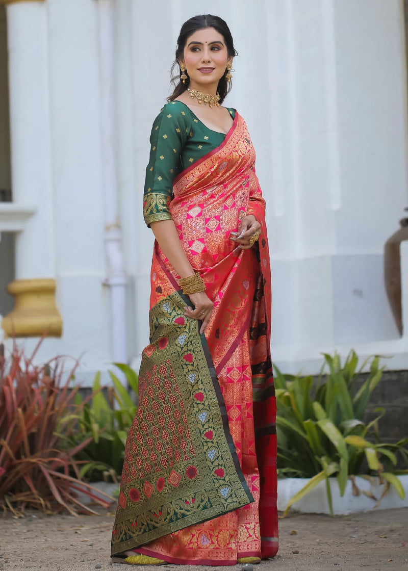 Royal Radiance: Designer Kanjivaram Silk Saree in Gajari Pink & Bottle Green