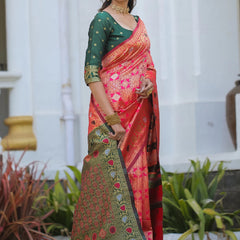 Royal Radiance: Designer Kanjivaram Silk Saree in Gajari Pink & Bottle Green